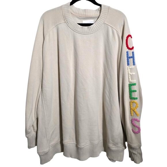 Aerie Down To Earth "CHEERS" Oversized Fleece Crew Sweatshirt Soft Oat XL - Picture 2 of 15